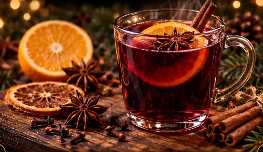 Dampfender Glühwein im Glas mit Orange, Zimt und Sternanis