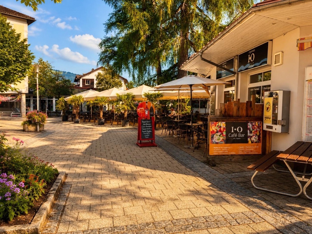 Sonnenterrasse der I·O Café Bar mit Palmen und Sonnenschirmen vor dem bemalten Haus in Sonthofen